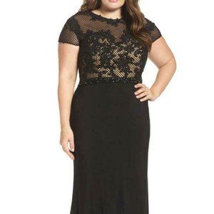 MAC DUGGAL EMBELLISHED CROCHET LACE JERSEY BLACK/NUDE GOWN SZ 16w